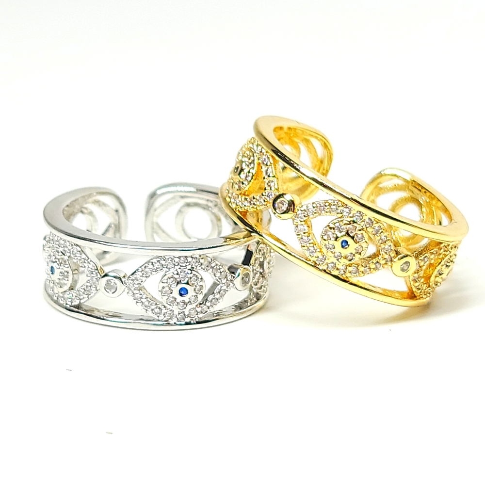 Evil Eye Micro Pave CZ Open Size Ring NEW - Picture 2 of 13